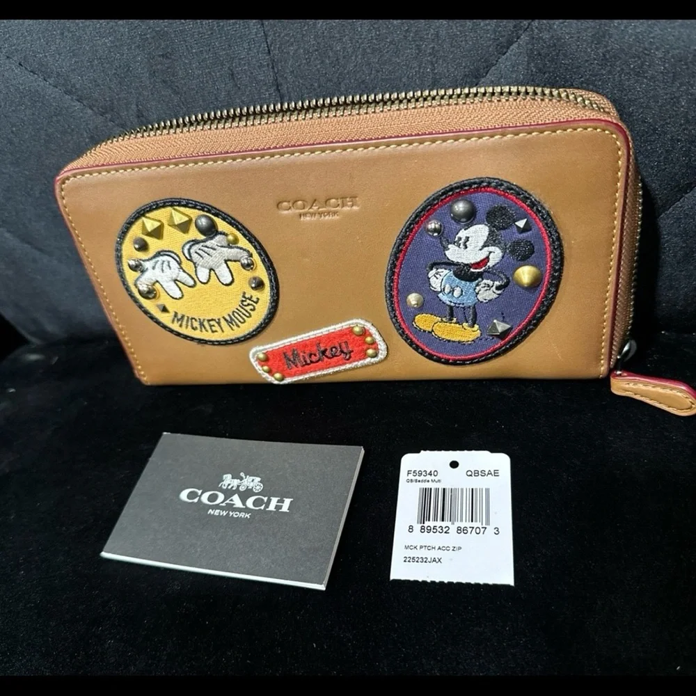 Coach Disney Long Wallet Brown Mickey Mouse Accordion Zip